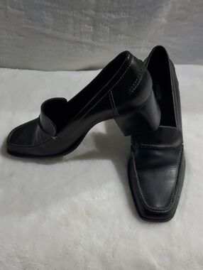 Nicole Black Leather Square-Toe Loafers with Block Heel